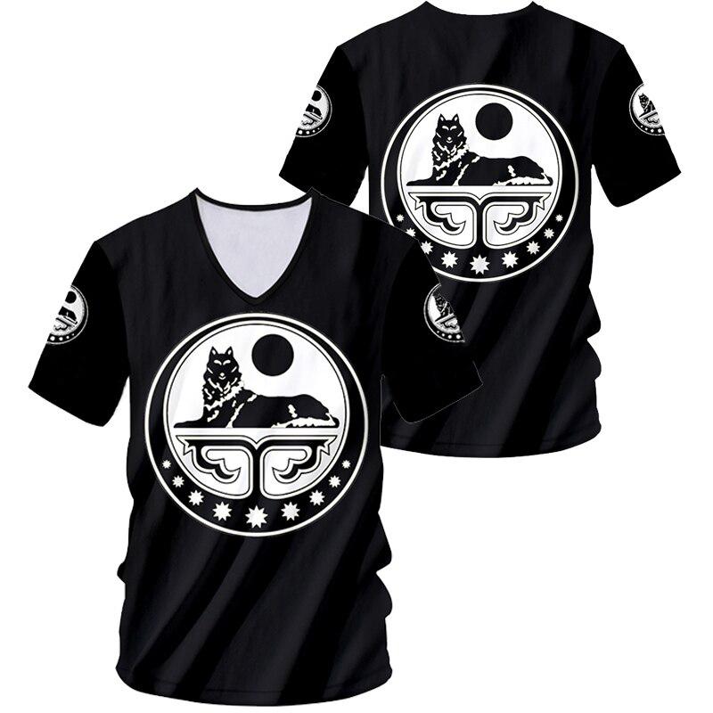 Summer Russia Chechnya T-Shirts Wolf Flag Chechens 3D Print Men Women Fashion Short Sleeve V-Neck T Shirt Man Tees Tops Clothing