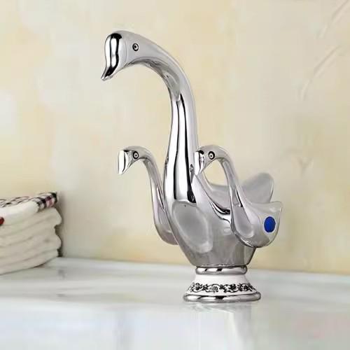 Dual Handles Gold Chrome Swan Duck Bathroom Basin Sink Mixer Taps Deck Mounted Dolphin Gem Bathroom Widespread Faucet Taps