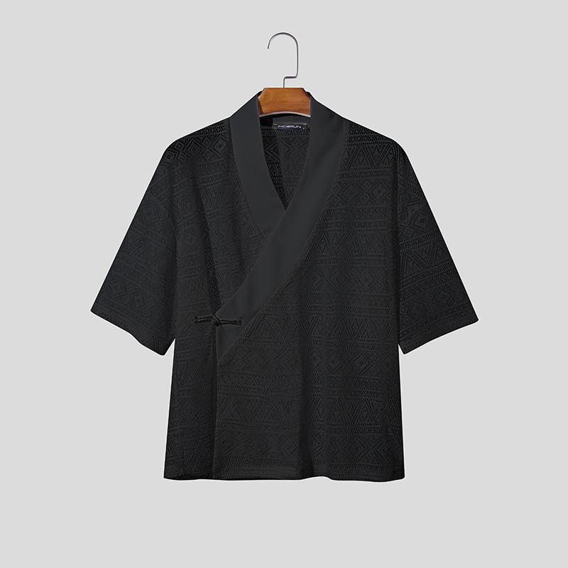 INCERUN Men Half Sleeve Front Cross Knot Patchwork Lace Hollow Casual Shirts S