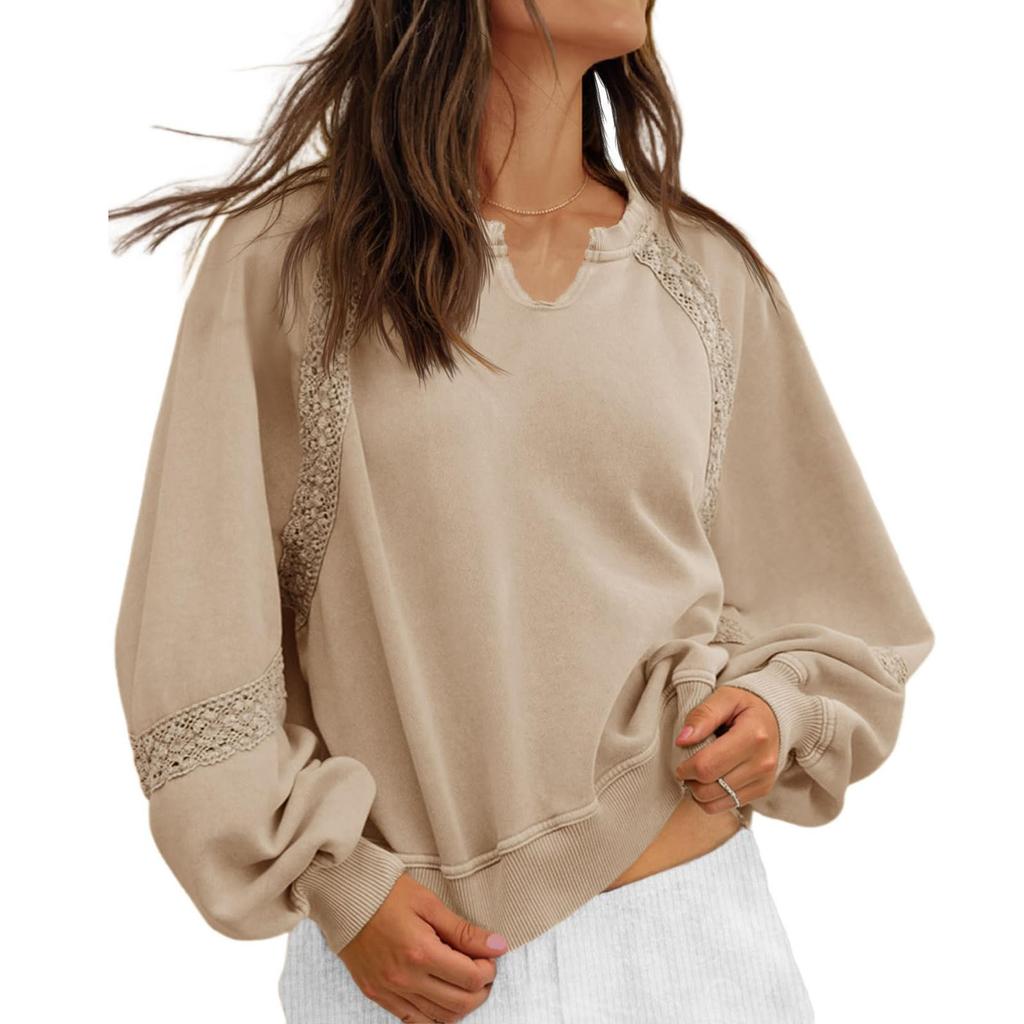 Women's Fashionable Solid Color Patchwork Lace Casual Loose Fitting V-Neck Sweatshirt Top
