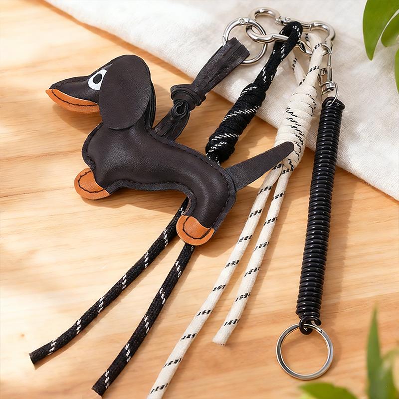 

Vintage Dachshund Dog Keychain with Nylon Braided Rope PU Materials Elkegant Charm for Bag and Keys Decoration Daily Use