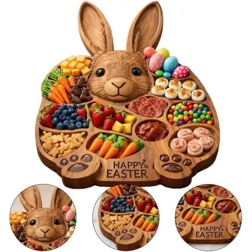 2026 Easter Bunny Wooden Charcuterie Board, Rabbit Wooden Deli Board, Cute Rabbit-Shaped Serving Tray with Compartments, Easter Party Holiday Snacks &