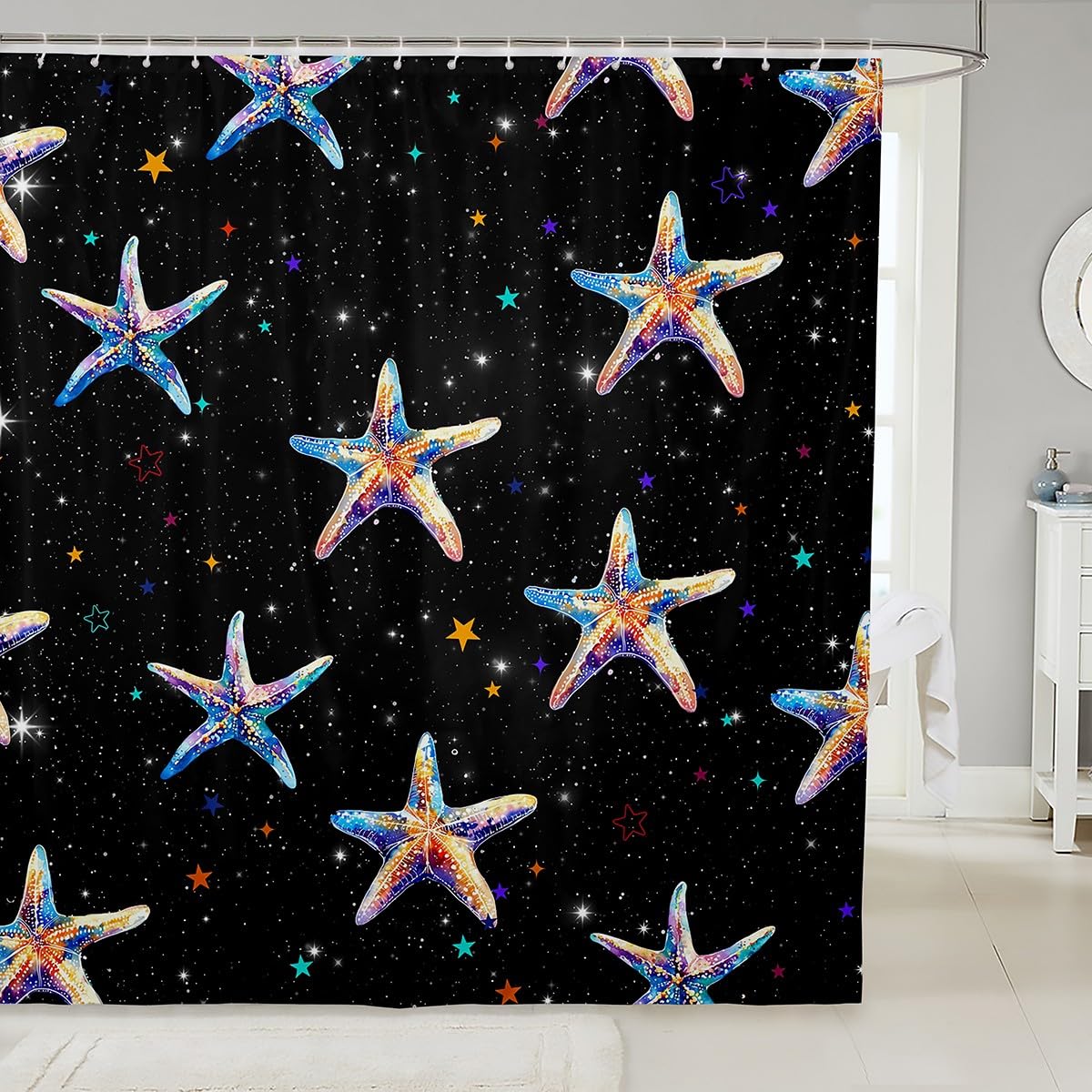 

Ocean Conch Shower Curtain Watercolor Sea Snail Tie Dye Rainbow Starry Stars Sparkling Glitter Galaxy Decor Hooks W60H190(CM)-1 Pcs