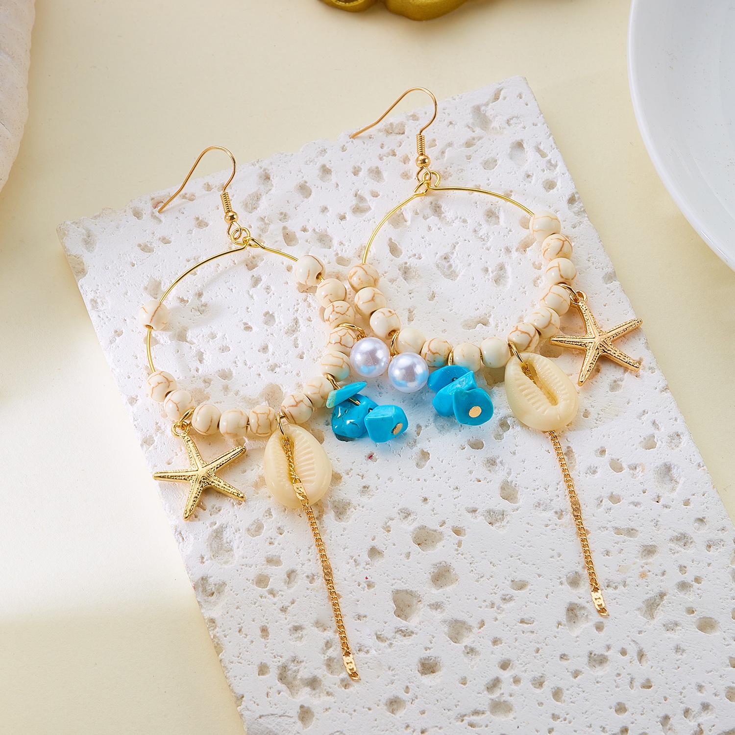 

Starfish Crushed Stone Shell Fringe Pendant Earrings Vacation Style Turquoise Earrings Fashion Trend Personality Daily Accessory