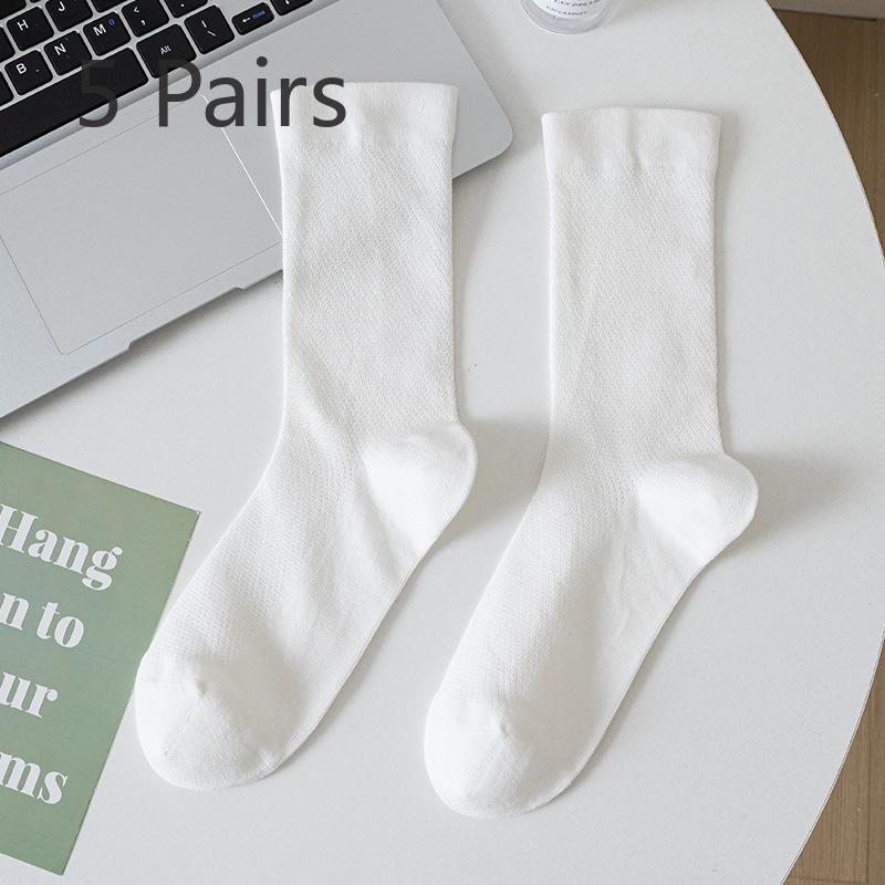 5 Pairs White Socks Women Summer Thin Cotton Mid-calf Socks Mesh Breathable Cool Feeling Fragrance Antibacterial Anti-odour Monthly Stockings