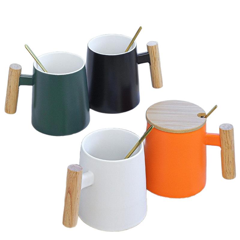 Wooden handle Ceramic cup Coffee cup, mug with lid spoon