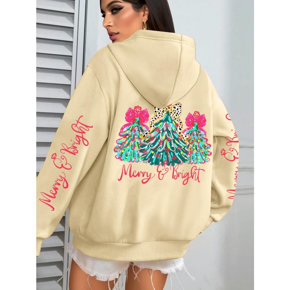 Merry Christmas Colorful Trees Printing Women Hoodies Loose Casual Hoody Autumn Y2K Pocket Streetwear All-Match Clothes