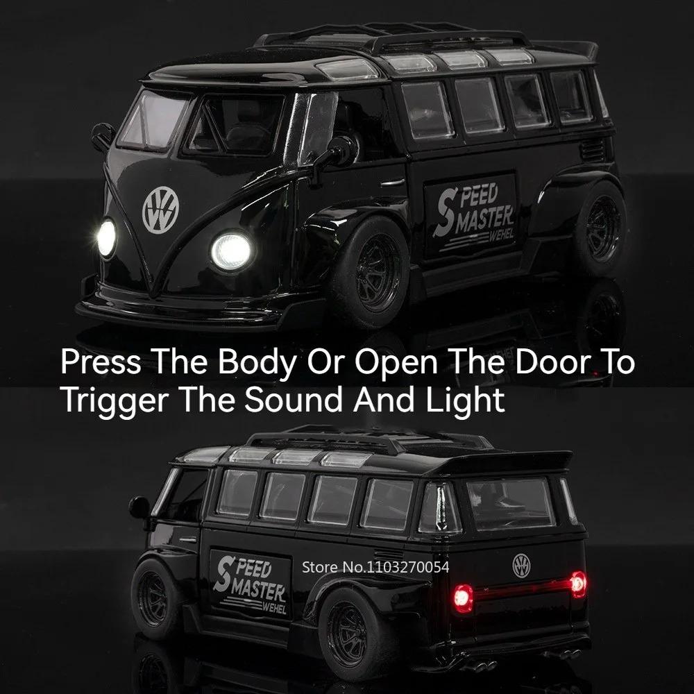 1/32 Scale VK Bus Transporter Model Car with Surfboards Convertible Camping Van, Zinc Alloy Pull Back Toy Car with Sound and Light for Kids Gift