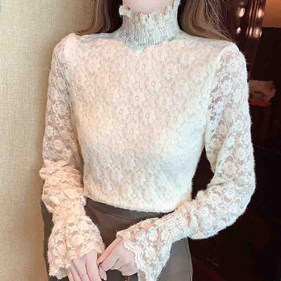 Fashion New 2024 Autumn Winter Long Sleeve Half High Collar Velvet Lace Blouse Shirt Women Tops Blouses Shirts J753
