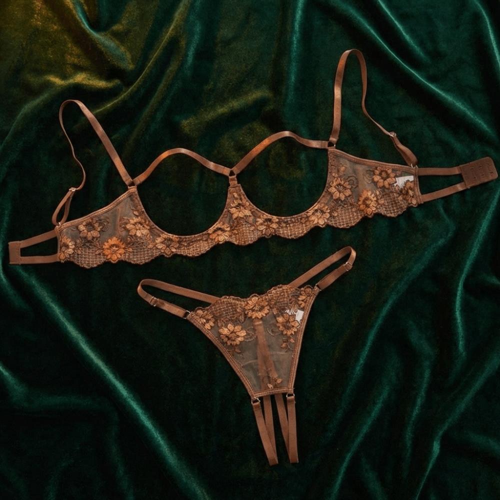 Lace Lingerie Suit Chest Support Bra Briefs Set T-back Perspective Lingerie Valentine's Day