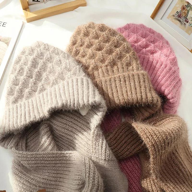 Womens Winter Double Warm Knitted Hat Padded Thickened Hat Scarf One Knitting Net Red Explosion Models Wind and Snow Beanies