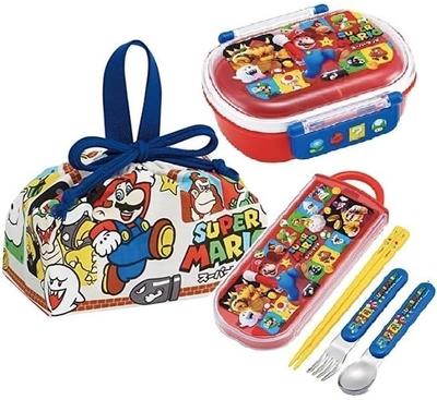 Skater Mario 23 Antibakteriální mýdlový box s nadýchaným víkem a těsným obalem Oválný bento box 360ml Trio sada obědů se stahovací šňůrkou Luigi Yoshi Toad Kids Kids