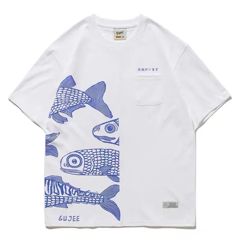 Japanese Cotton T-shirts Mackerel Print Patchwork Tees Summer Oversized O-neck Short Sleeve Casual Shirts Men Clothing