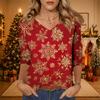 Women's V-Neck Christmas Print Shirt with Three-Quarter Sleeve and Loose Fit for Casual Daily Wear