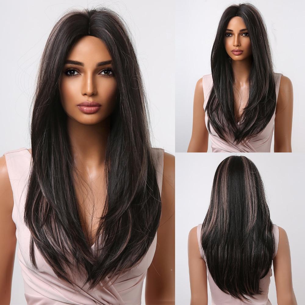 ALAN EATON Long Straight Black Brown Synthetic Wigs Highlights Colored Wigs for Black Women Heat Resistant Hair Middle Parting