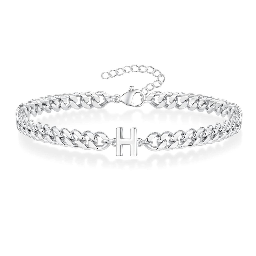 Vnox A-Z Iniziale Braccialetti a Catena Cubana per Uomo Donna, Acciaio Inossidabile Colore Argento Maglie Ovali, Braccialetto con Ciondolo Lettera Nome Regalo
