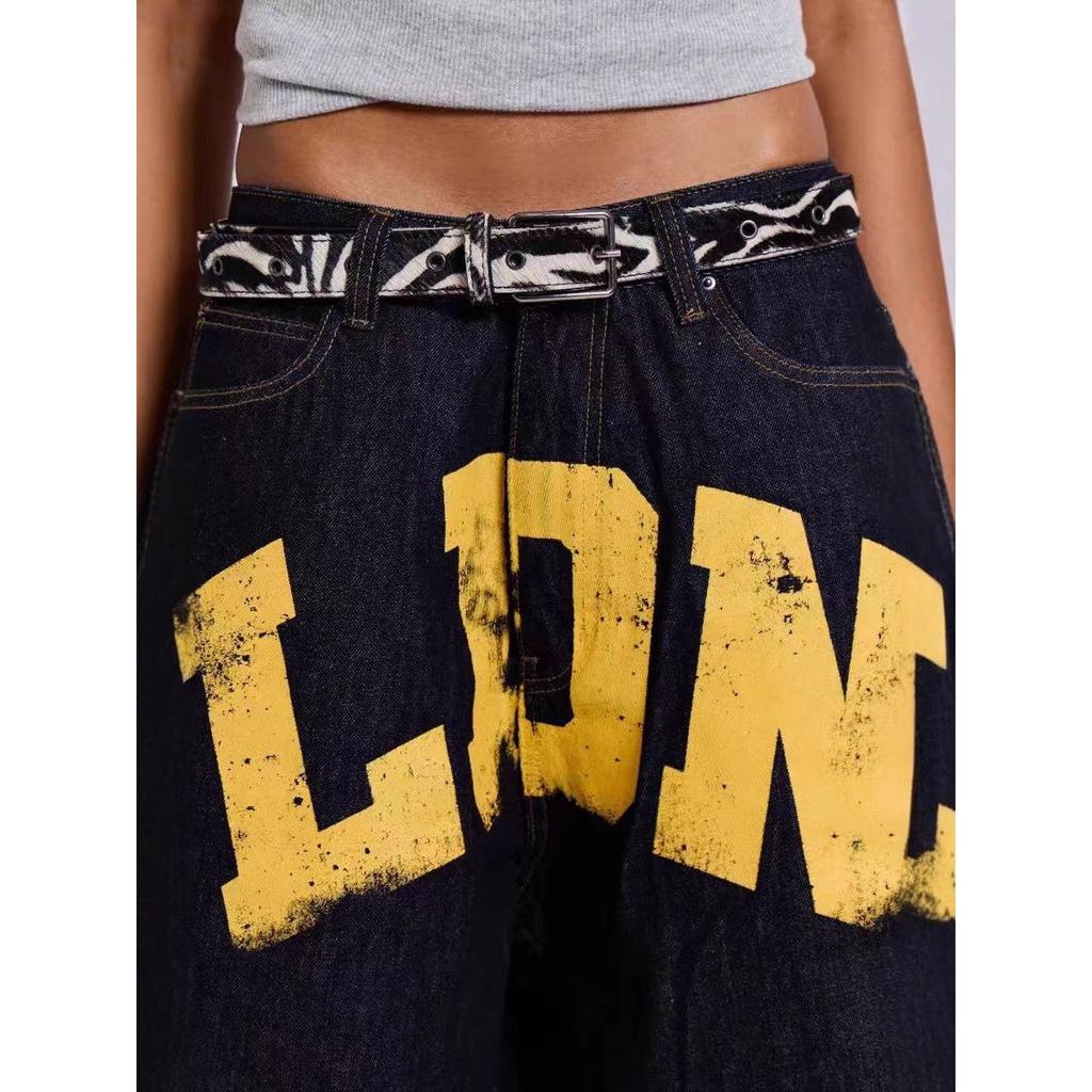 LUXEON American-style Street Letter Printed Jeans, Straight-leg Trendy Brand Loose Denim Pants