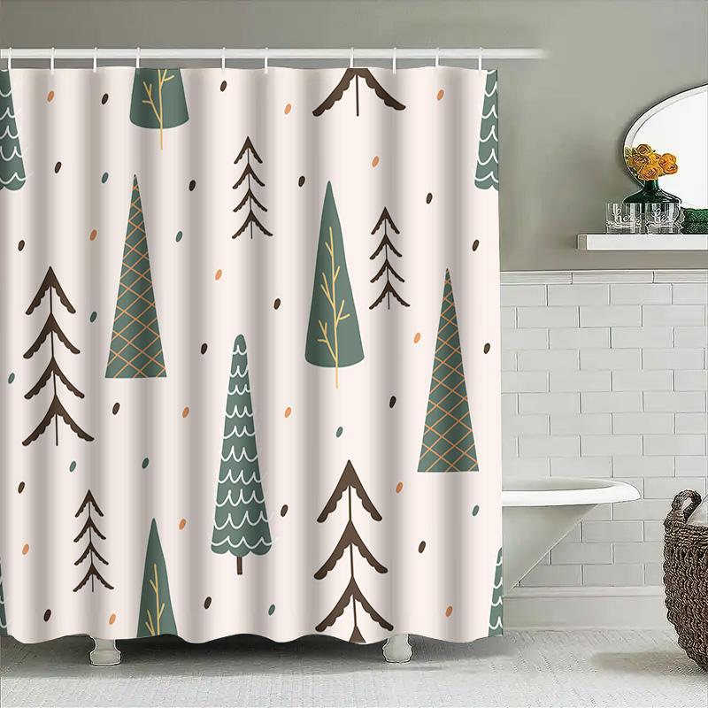 Vintage Christmas Trees Shower Curtain Set Green Forest Decor With Pine Cones For Bathroom Decor In White Waterproof Fabric (Siz
