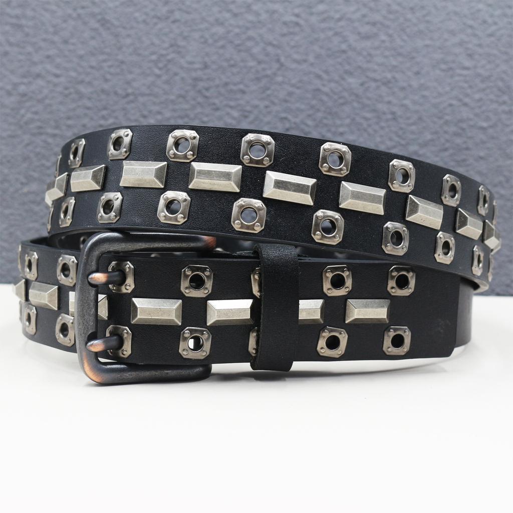 Double Needle Chicken Eye Hole Rivet Belt Leather Star Hollow Belt Goth Heavy Industry American Belt