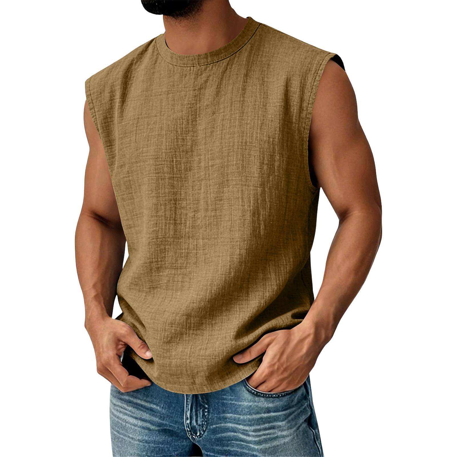 

Men’s Sleeveless Crew Neck Relaxed Fit Linen Tank Top Casual Lightweight Summer Shirt L