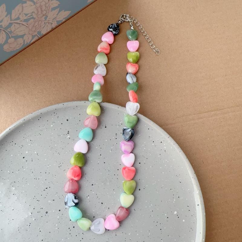 1Pcs Women'S Y2K Colorful Acrylic Heart Beaded Choker Necklace Sweet Aesthetic Goth Jewelry Trendy Vintage Accessory