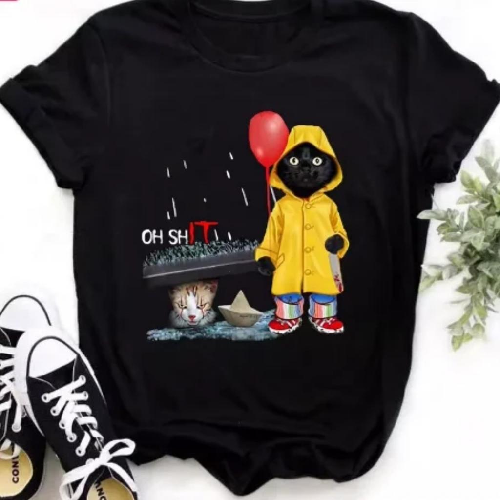 Funny Black Cat Print T-shirt for Casual White Top Harajuku Tees Female 90s Clothes Couple's Clothing