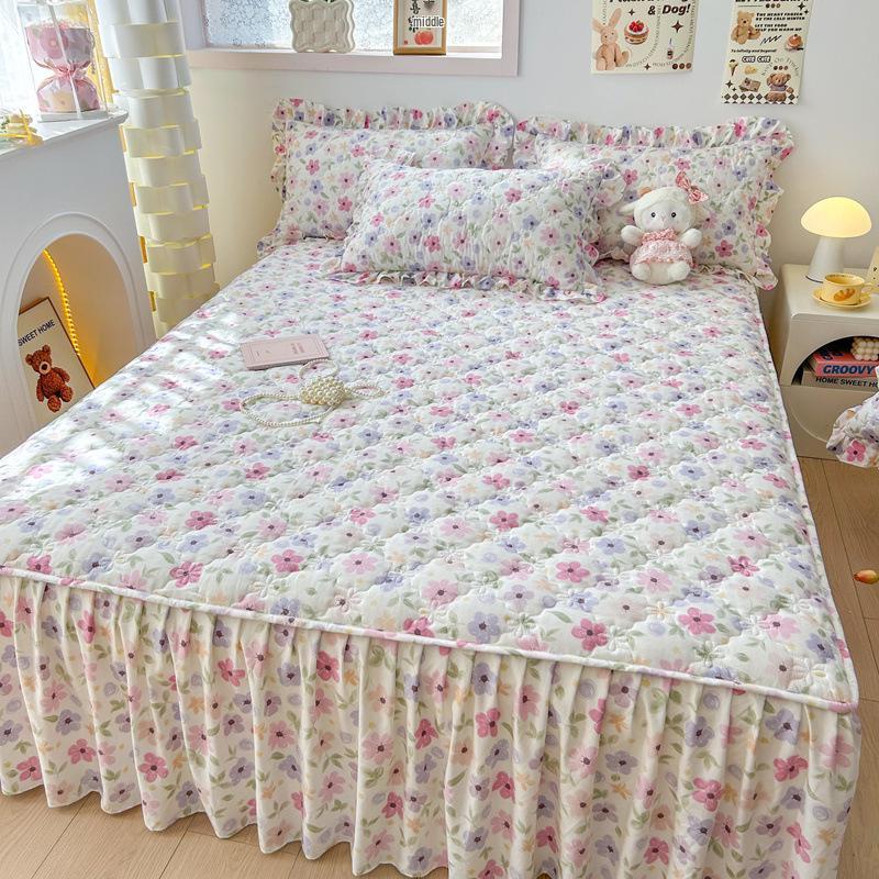 Frischer Stil Gestepptes Washed Cotton Bettrock-Set – Hautfreundlich für Einzel- und Doppelbetten