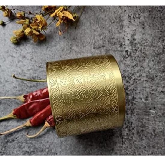 'Floral-Etched' Handcrafted Brass Spice Box Set For Kitchen With Spoon (7 Containers, 40 Ml) - Brass Masala Box For Kitchen(Copper)