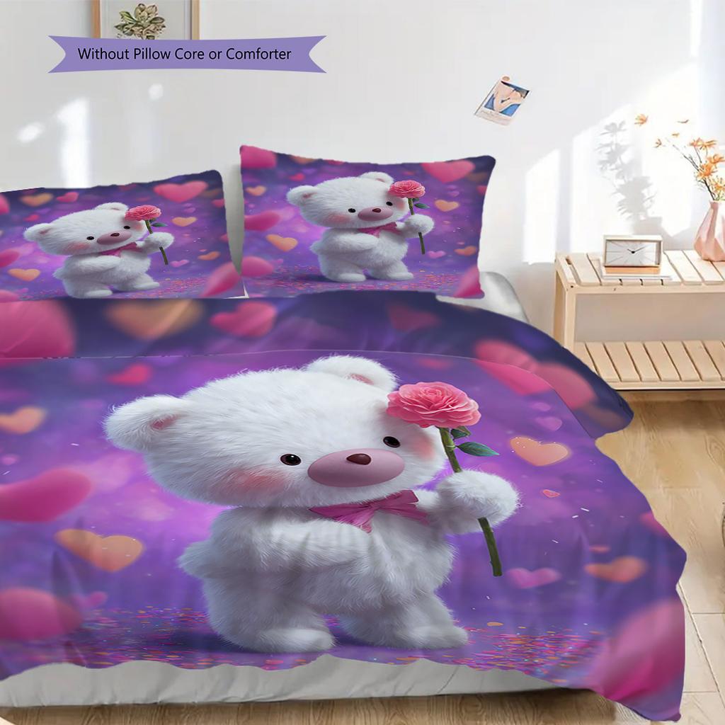 Bear Doll Pattern Bedding Quilt Set Quilt Cover Pillowcase Home Decoration Birthday Gift (1 * Duvet Cover + 2 * Pillowcase, Without Core)