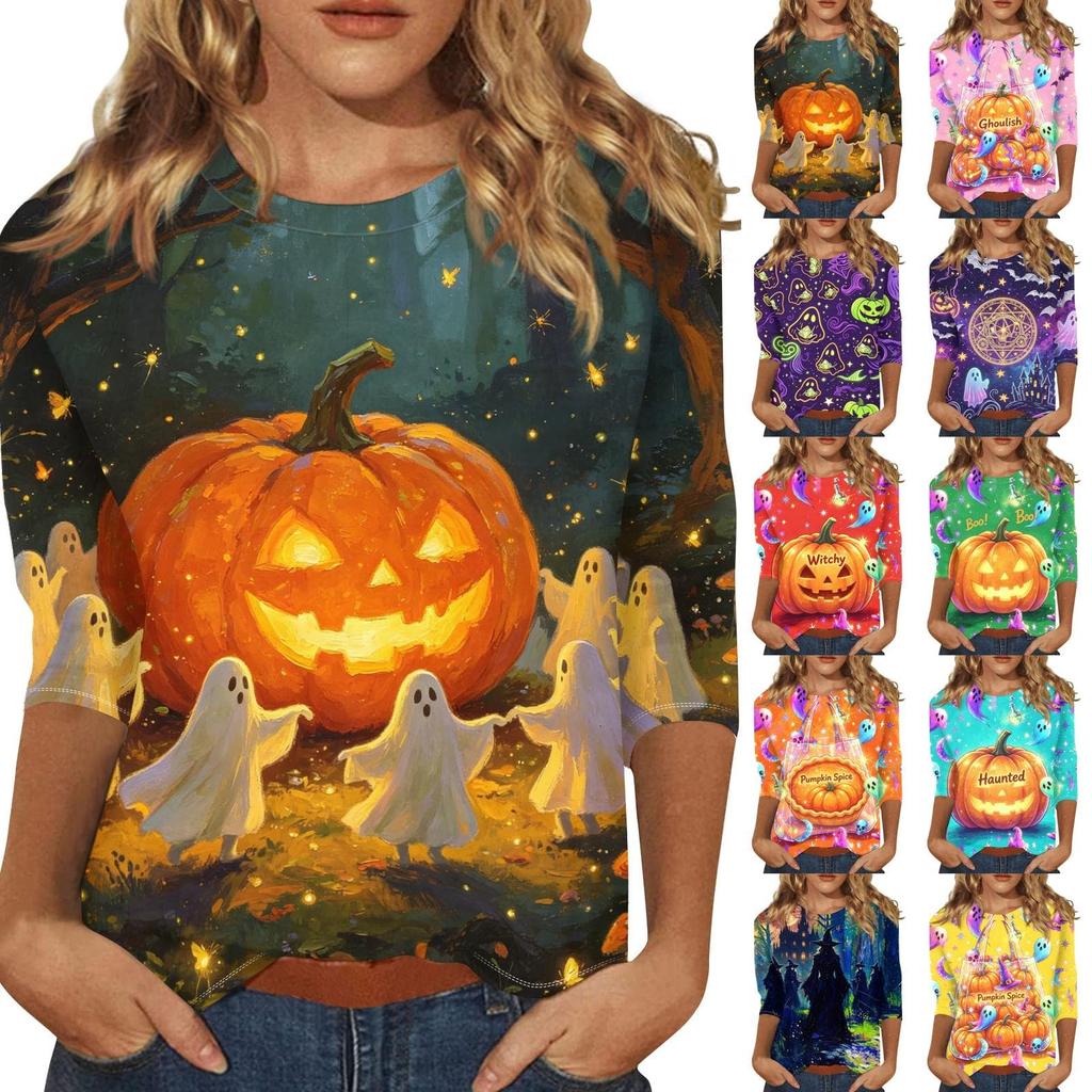 Women's Casual 3/4 Sleeve Halloween Print Pullover Shirt Round Neck Top Lightweight Soft Fabric Comfortable Fit