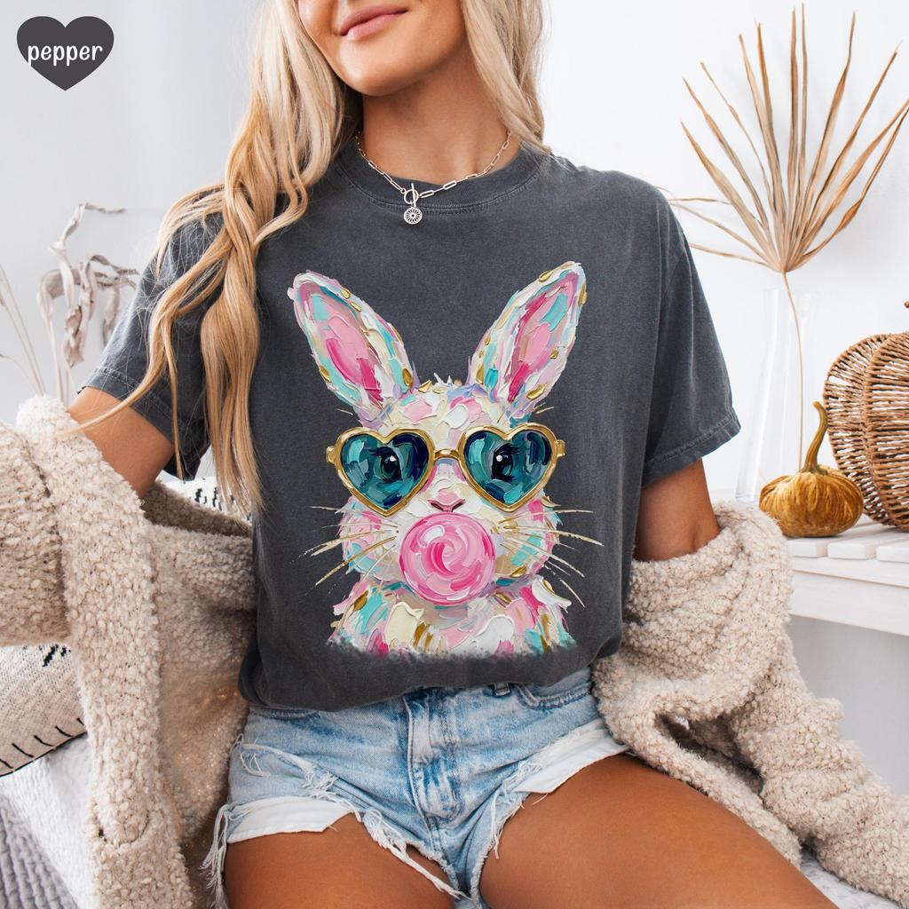 2026 Summer Womens Bunny Blowing Bubble TShirt Unisex Cotton and Breathable Short Sleeve Oversized Loose Casual
