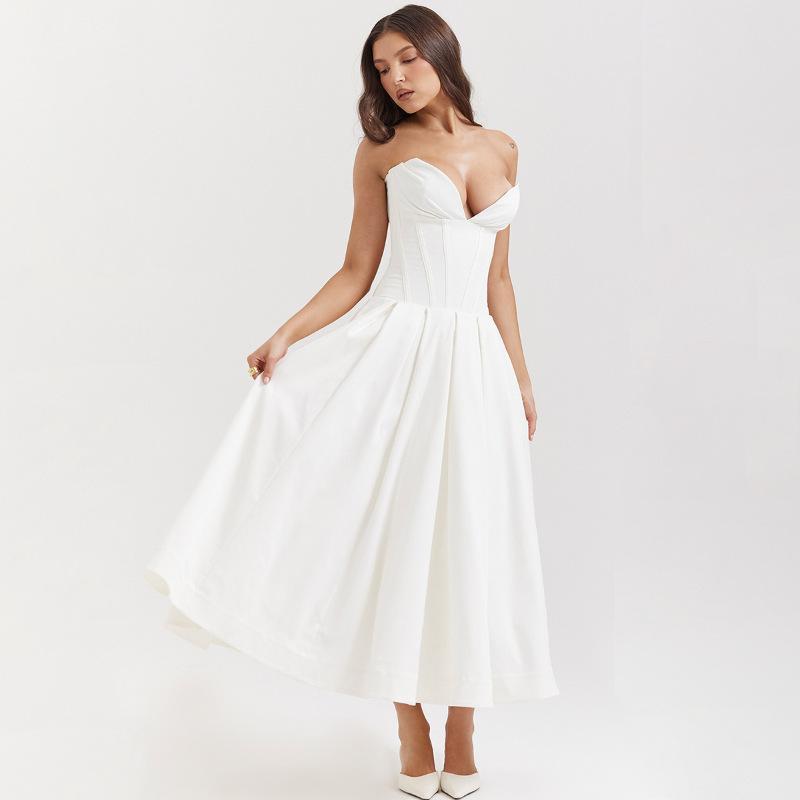 New Sexy Tube Top Deep VA Word Skirt Fashionable Crumpled Sleeveless Backless Long Dress European and American Style Dress
