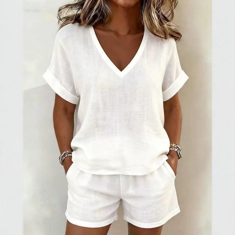 Womens 2026 Casual 2-Piece Set: V-Neck Short Sleeve Top Elastic Waist Capri Shorts Pure Color Streetwear Outfit