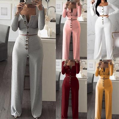 Neue 2 stücke Frauen Mode Langarm Schlank Stricken Tops + Gerade Hosen Frauen Kleidung Set