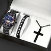 Watch Men'S Calendar Steel Strap Large Dial Simple Bracelet Cross Necklace Set