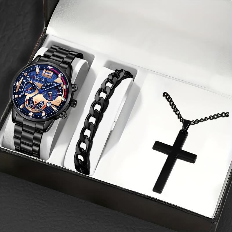 Watch Men'S Calendar Steel Strap Large Dial Simple Bracelet Cross Necklace Set
