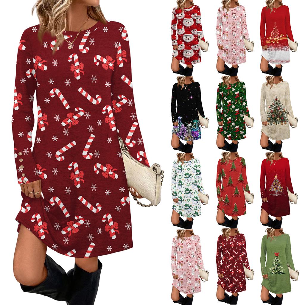Dámské módní ležérní šaty s kapsami, ozdobnými knoflíky, vánočními potisky, kulatým výstřihem a dlouhým rukávem