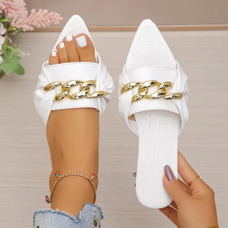 Fashion 2025 Plus Size Women's Open Toe Slippers Summer Metal Decoration Chain Pointed Toe Sandal Flat with Fashion Daily Dress Slippers