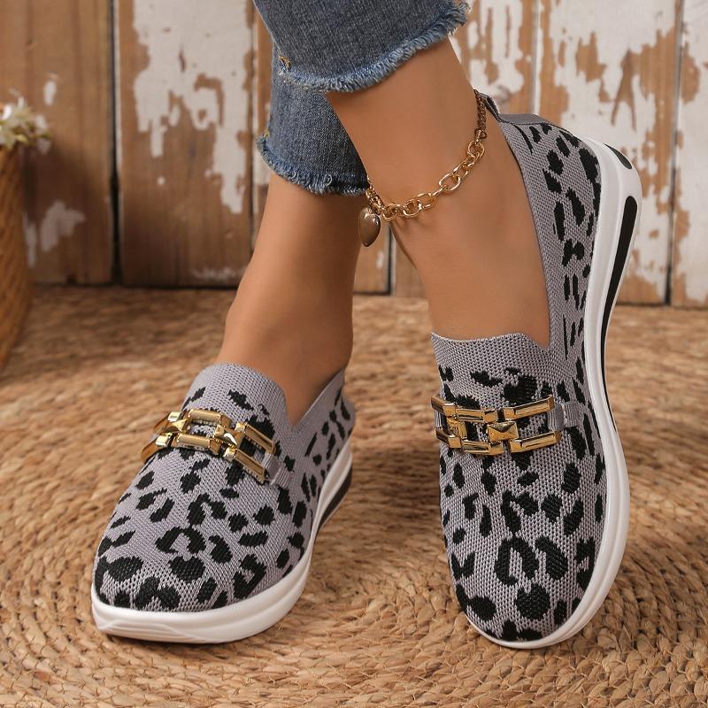 Nové kovové řetízkové klínkové podpatky silná podrážka jeden pedál prodyšné leopardí síťované nadměrné velikosti ležérní dámské boty