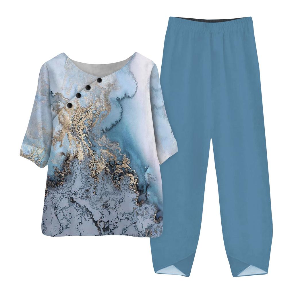 Women's Summer Half Sleeve Printed Tops Elastic Waist Nine Piece Pants Two Piece Set