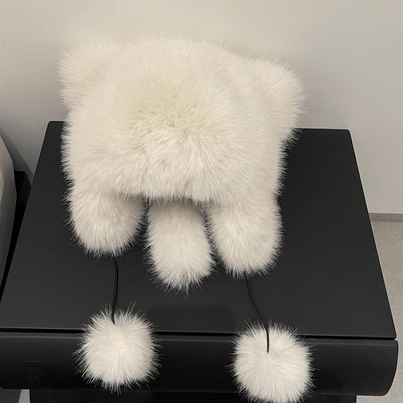 Thickened Winter Hats for Women Keep Warm Cute Faux Fur Raccoon Tail Plush Hat Hat Winter Warm Brim Cap with Tail Cute Cat Ears Fur Bomber Hats