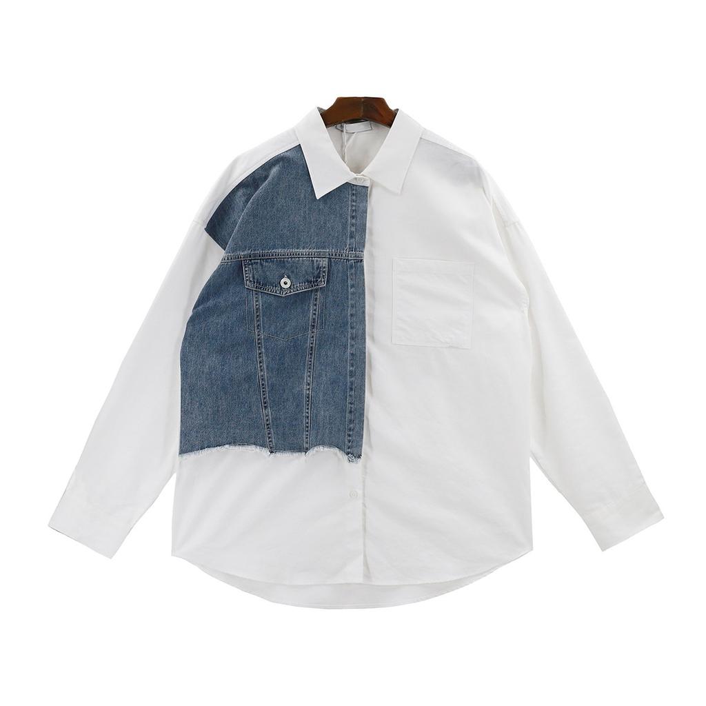 Herren Frühling und Herbst Locker Persönlichkeit Langarmhemd Design Farbkollision Spleißen Jeanshemd