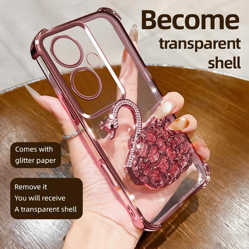 KEYSION Shockproof Plating Phone Case for OPPO Reno11 F 5G Clear TPU Glitter Jewelled Swan Kickstand Back Cover for OPPO Reno11F 5G