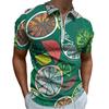 Citrus Print Short Sleeve Zip Polo Shirt, Stylish Summer Casual Top