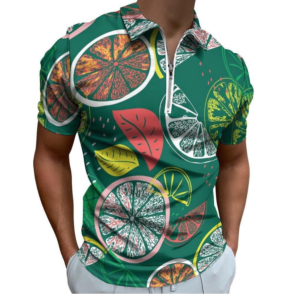 Citrus Print Short Sleeve Zip Polo Shirt, Stylish Summer Casual Top
