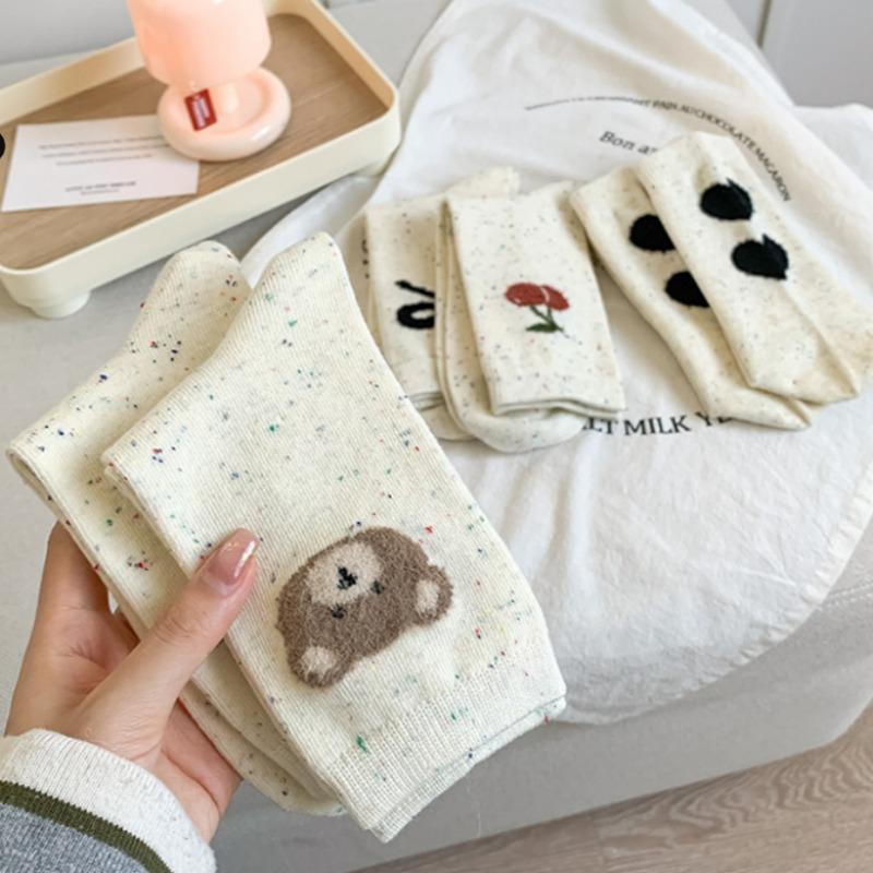 5 Paar Damen Baumwolle Mid-Calf Socken Cartoon Niedlich Preppy Stil Schweißabsorbierend Sommersocken für Damen