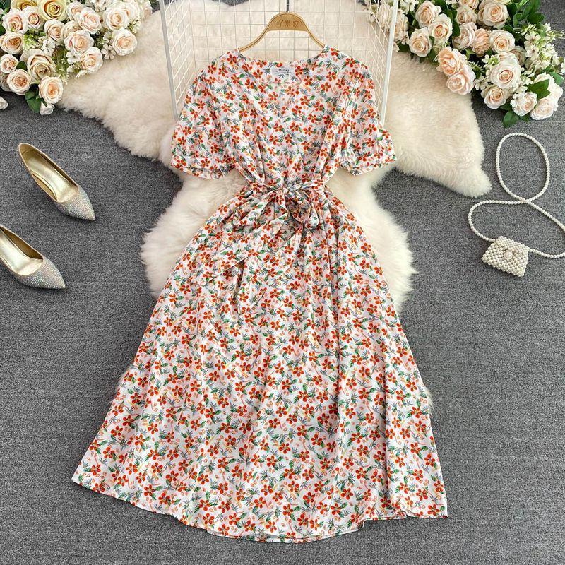 

Retro Style Summer New V-neck A- line Large Hem Floral Skirt White background safflower One size