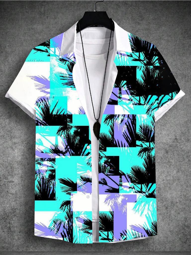 Summer 3d Print Men'sShirt Tropical Hawaiian Beach Vacation Plant Coconut Tree Short Sleeve T-Shirt 4-Way Stretch Fabric Shirt