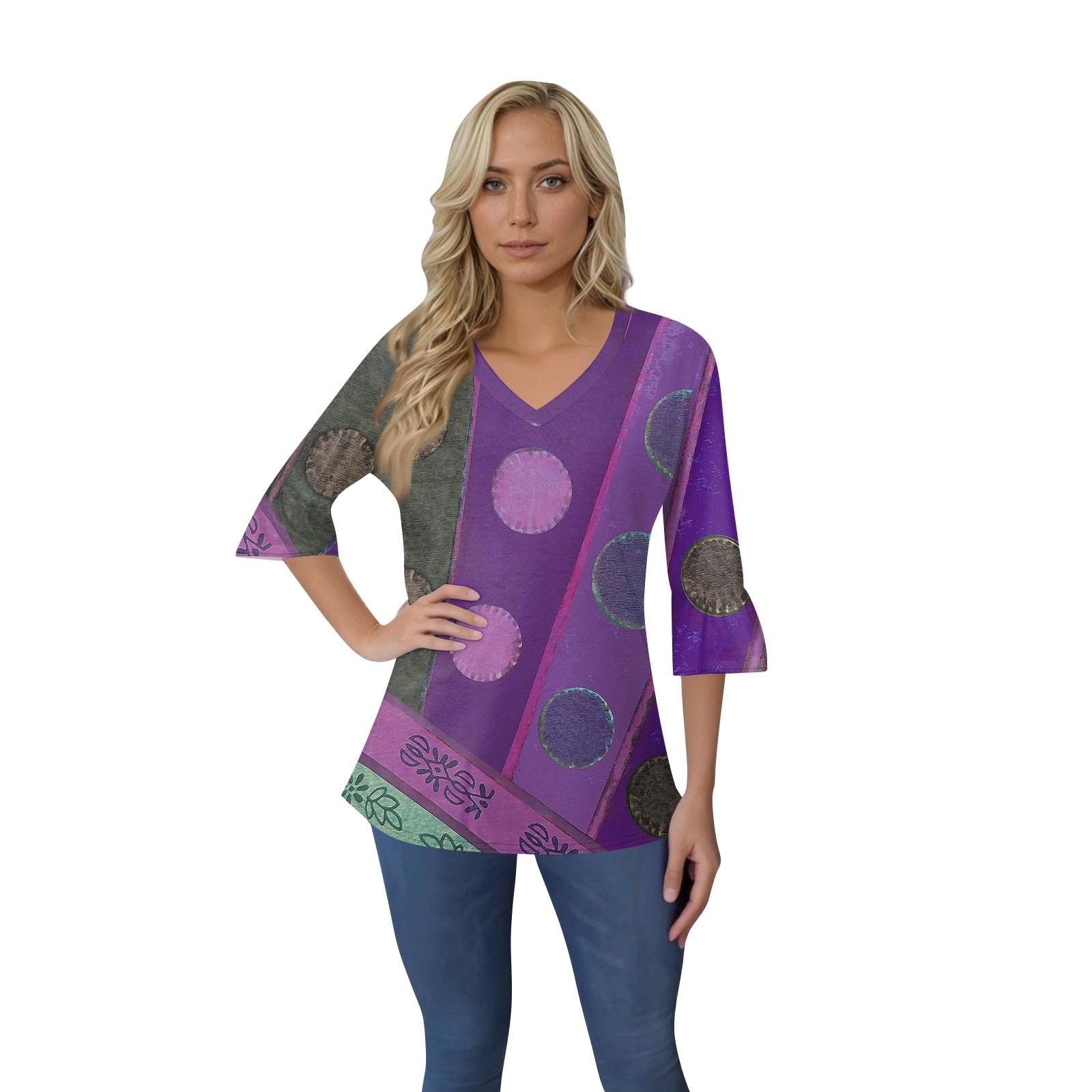 

Женский повседневный топ с рукавами 3/4, летняя футболка с v-образным вырезом и пышными рукавами L фиолетовый