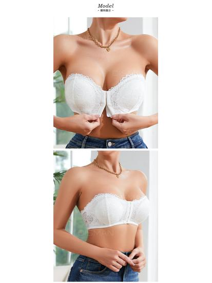 Front-Buckle Lace Strapless Women's Tube Top: Enhances Bust, Non-Slip, Breathable, Beautiful Back, White.